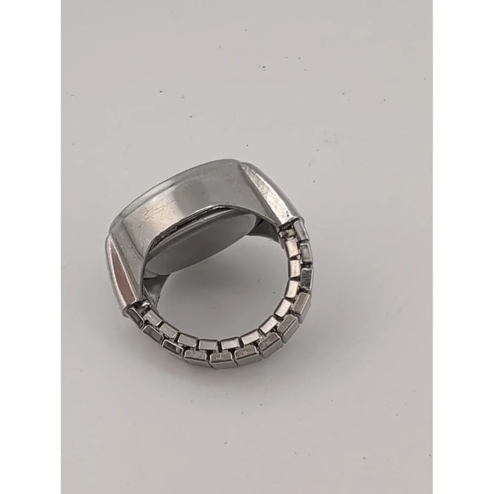 Stainless Steel Quartz Watch Ring Yellow Dial Silver Stretch Band- New Battery